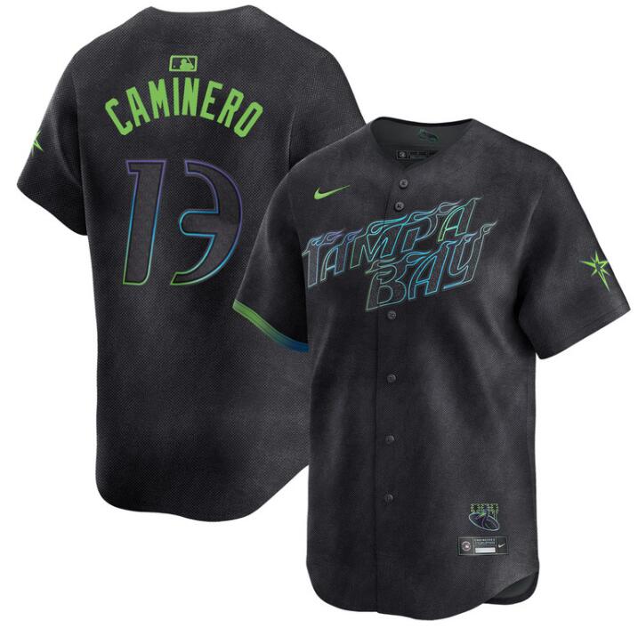 Men's Tampa Bay Rays #13 Junior Caminero Charcoal 2024 City Connect Limited Stitched Baseball Jersey Men's Tampa Bay Rays #13 Junior Caminero Charcoal 2024 City Connect Limited Stitched Baseball Jersey
